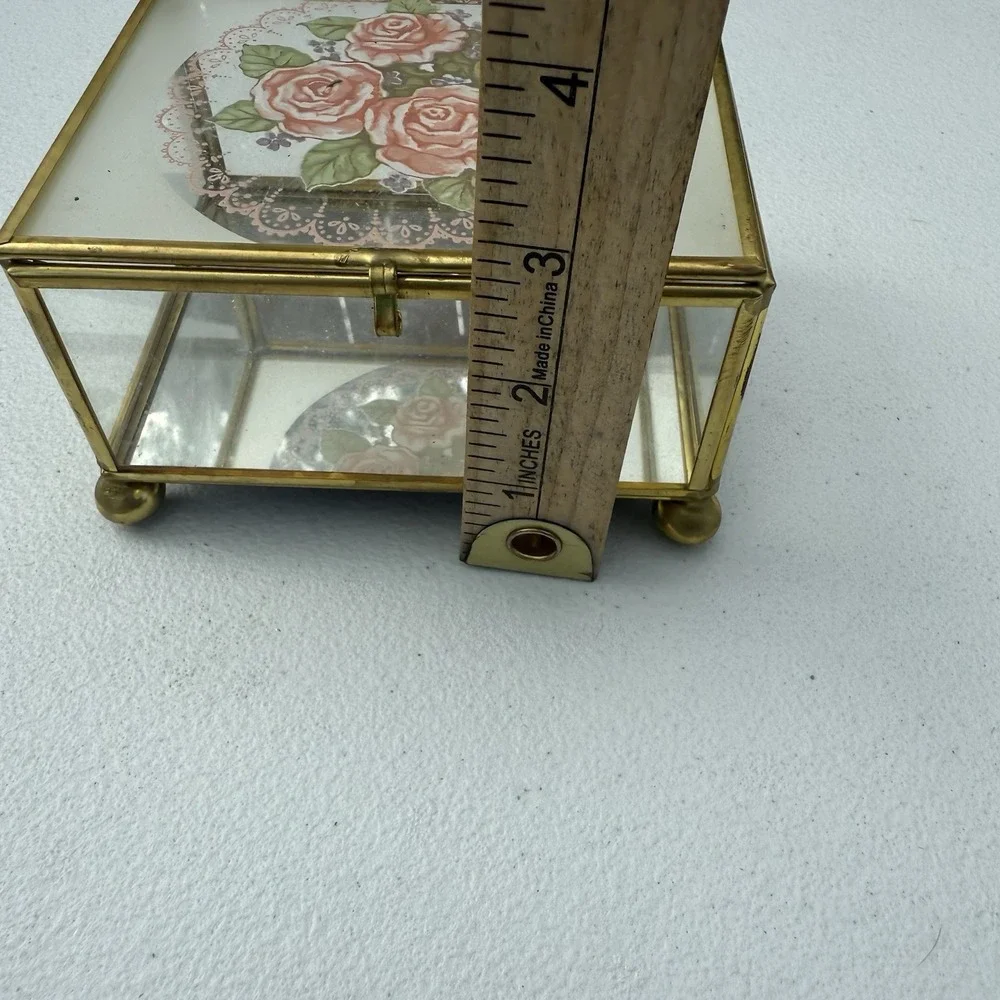 VTG Brass Beveled Glass Pink Rose Floral Rose Jewelry Box Mirror Bottom‎